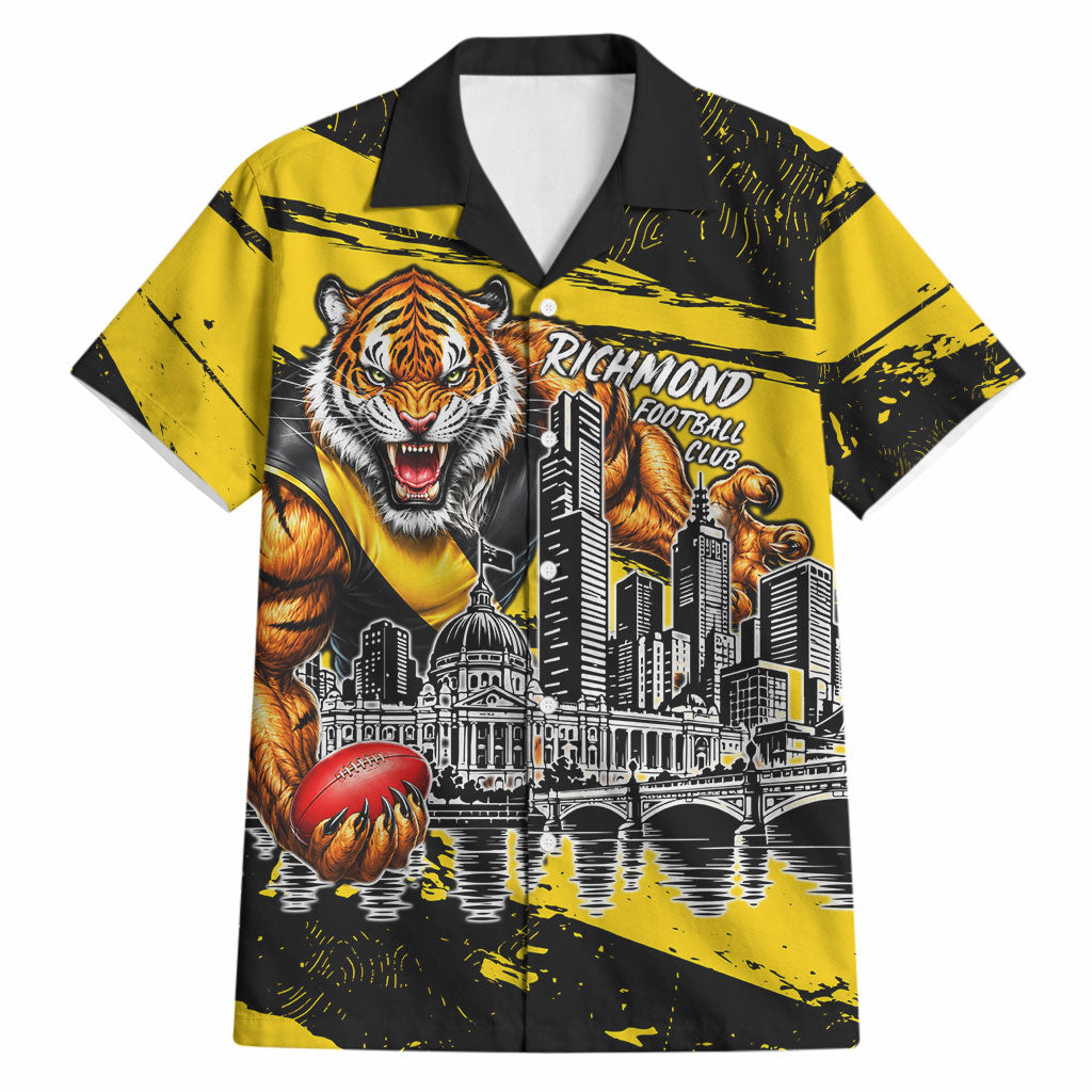 Personalised Richmond Tigers Football Hawaiian Shirt Melbourne City Skyline Graphic Fierce Mascot Art