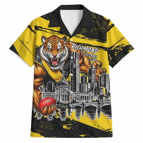 Personalised Richmond Tigers Football Hawaiian Shirt Melbourne City Skyline Graphic Fierce Mascot Art