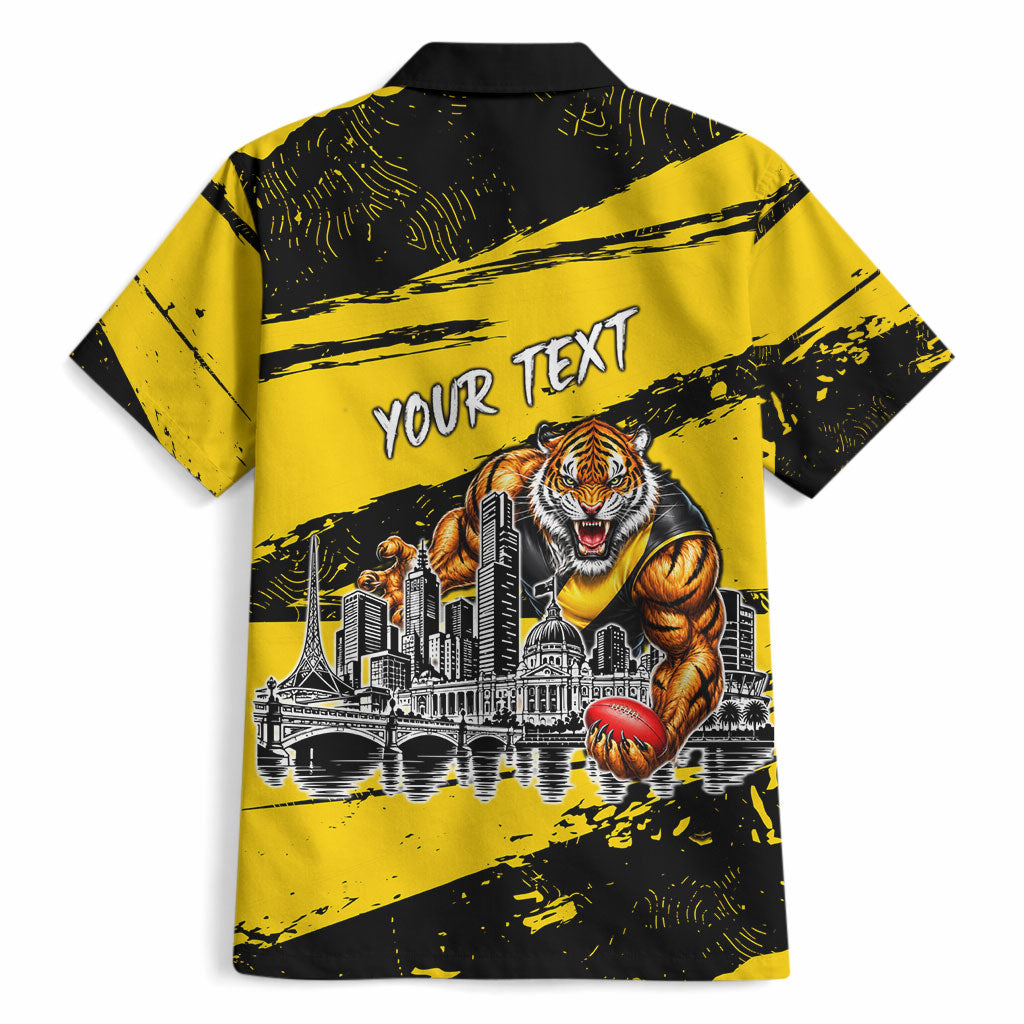 Personalised Richmond Tigers Football Hawaiian Shirt Melbourne City Skyline Graphic Fierce Mascot Art