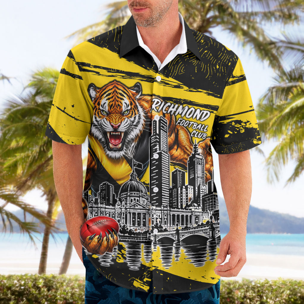 Personalised Richmond Tigers Football Hawaiian Shirt Melbourne City Skyline Graphic Fierce Mascot Art