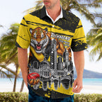 Personalised Richmond Tigers Football Hawaiian Shirt Melbourne City Skyline Graphic Fierce Mascot Art