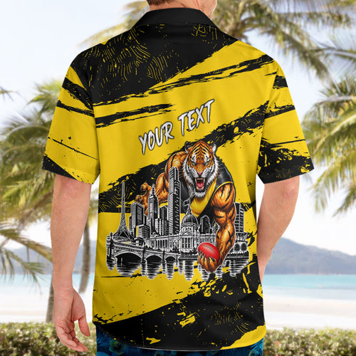 Personalised Richmond Tigers Football Hawaiian Shirt Melbourne City Skyline Graphic Fierce Mascot Art