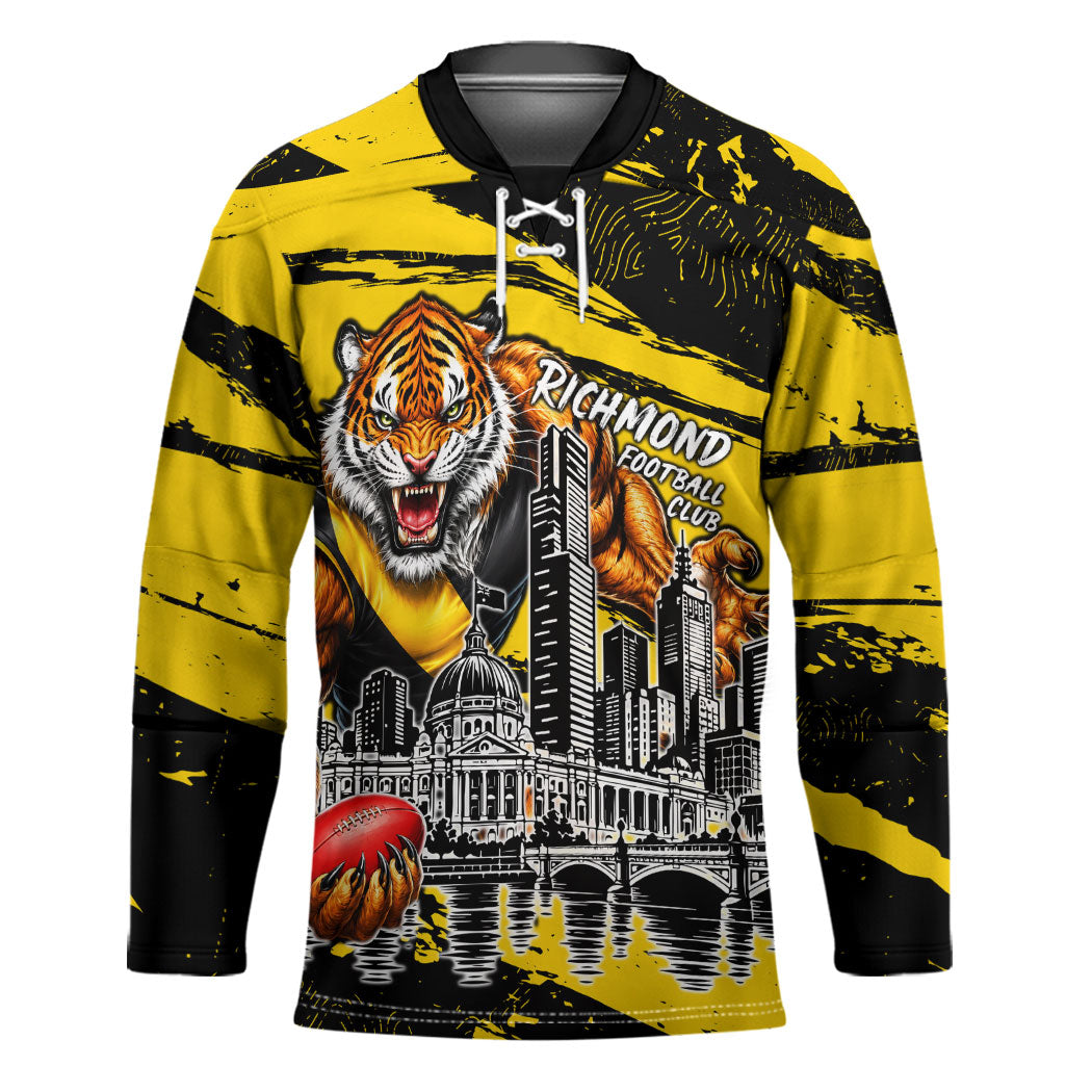 Personalised Richmond Tigers Football Hockey Jersey Melbourne City Skyline Graphic Fierce Mascot Art