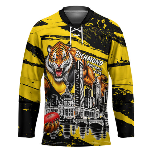 Personalised Richmond Tigers Football Hockey Jersey Melbourne City Skyline Graphic Fierce Mascot Art