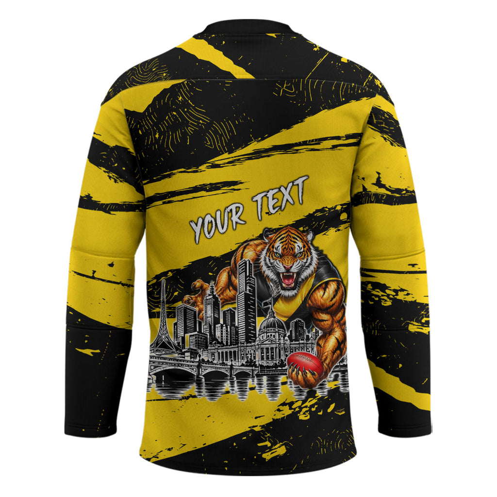 Personalised Richmond Tigers Football Hockey Jersey Melbourne City Skyline Graphic Fierce Mascot Art