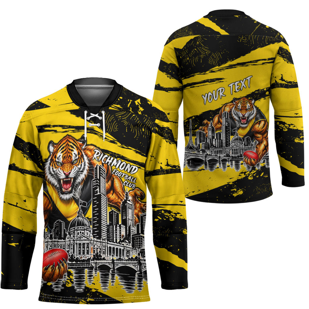 Personalised Richmond Tigers Football Hockey Jersey Melbourne City Skyline Graphic Fierce Mascot Art