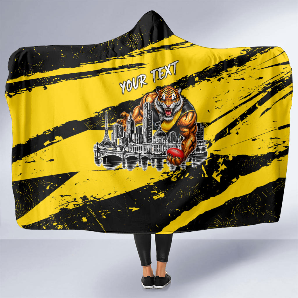 Personalised Richmond Tigers Football Hooded Blanket Melbourne City Skyline Graphic Fierce Mascot Art