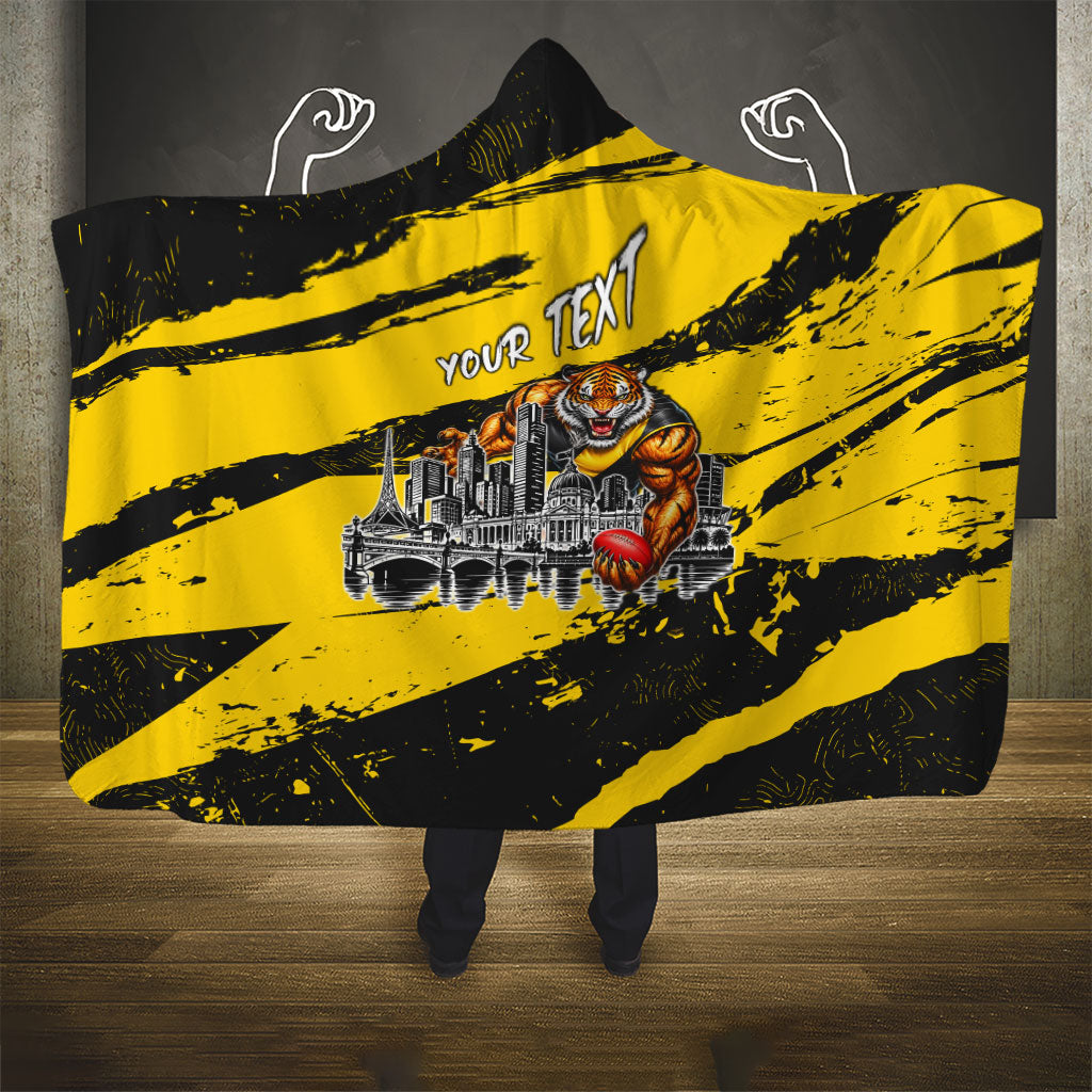 Personalised Richmond Tigers Football Hooded Blanket Melbourne City Skyline Graphic Fierce Mascot Art