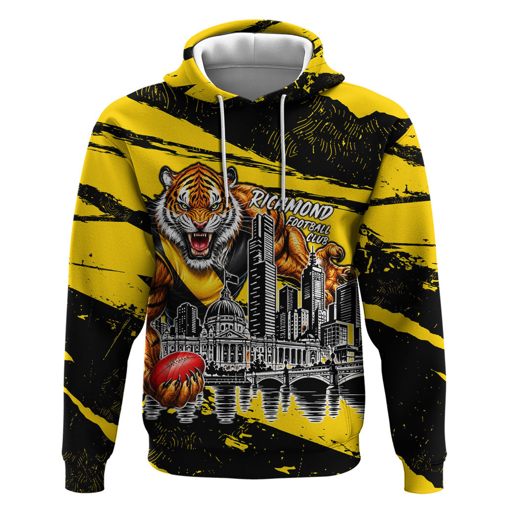 Personalised Richmond Tigers Football Hoodie Melbourne City Skyline Graphic Fierce Mascot Art