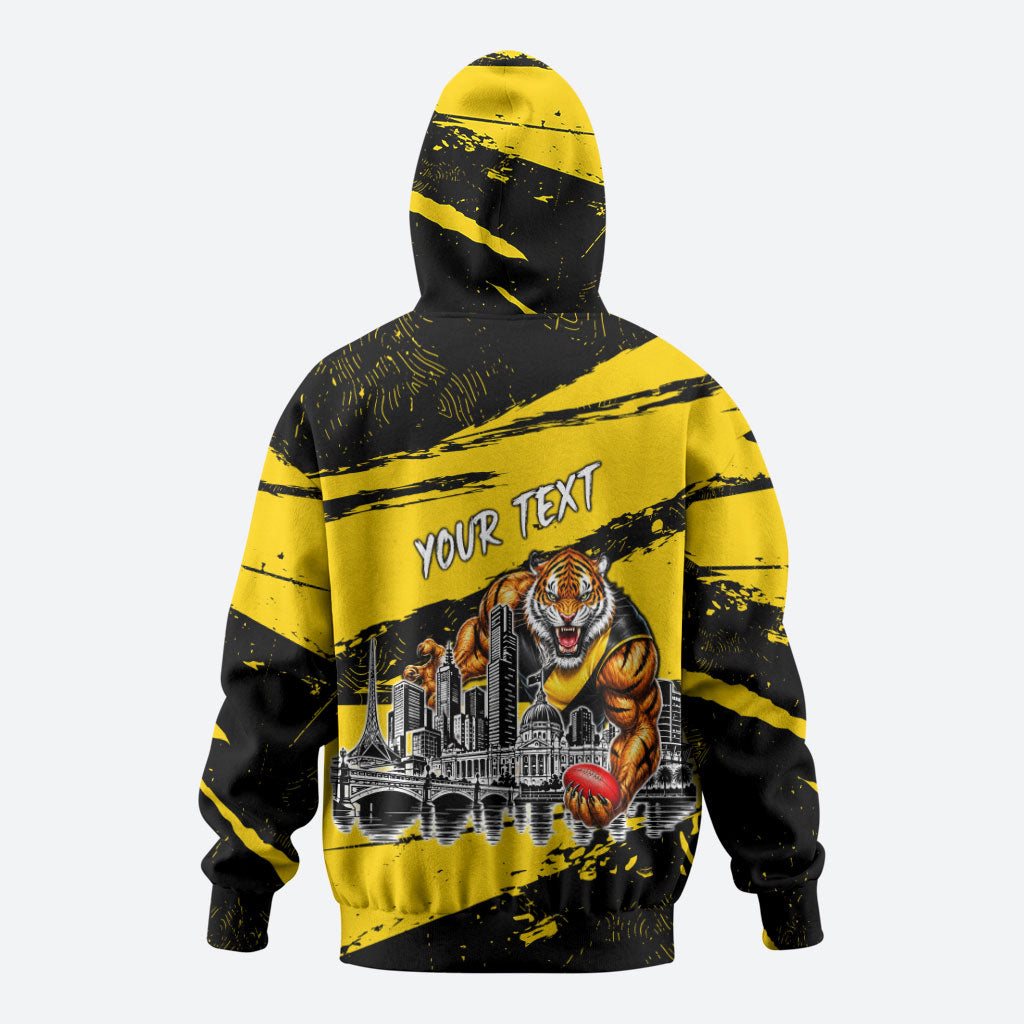 Personalised Richmond Tigers Football Hoodie Melbourne City Skyline Graphic Fierce Mascot Art