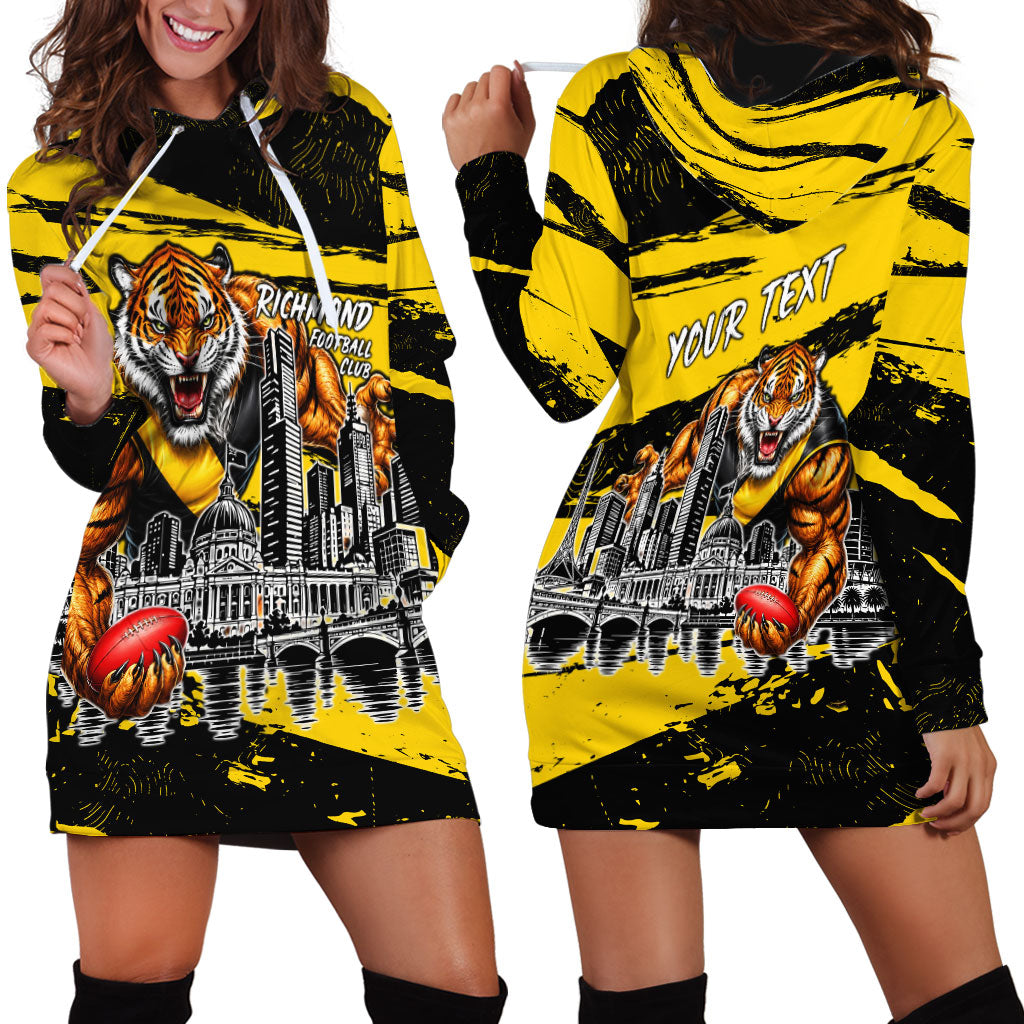 Personalised Richmond Tigers Football Hoodie Dress Melbourne City Skyline Graphic Fierce Mascot Art