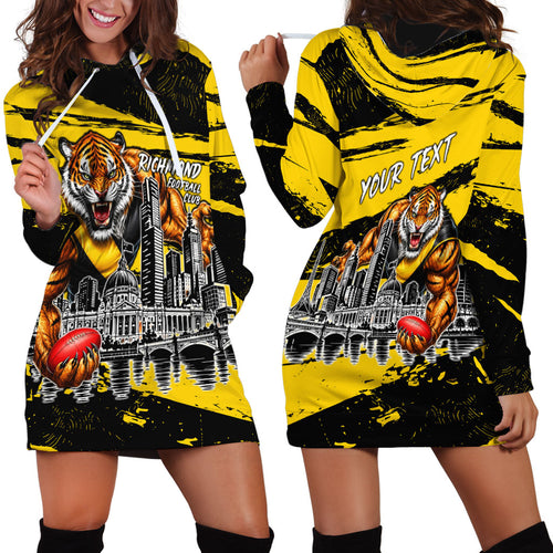 Personalised Richmond Tigers Football Hoodie Dress Melbourne City Skyline Graphic Fierce Mascot Art