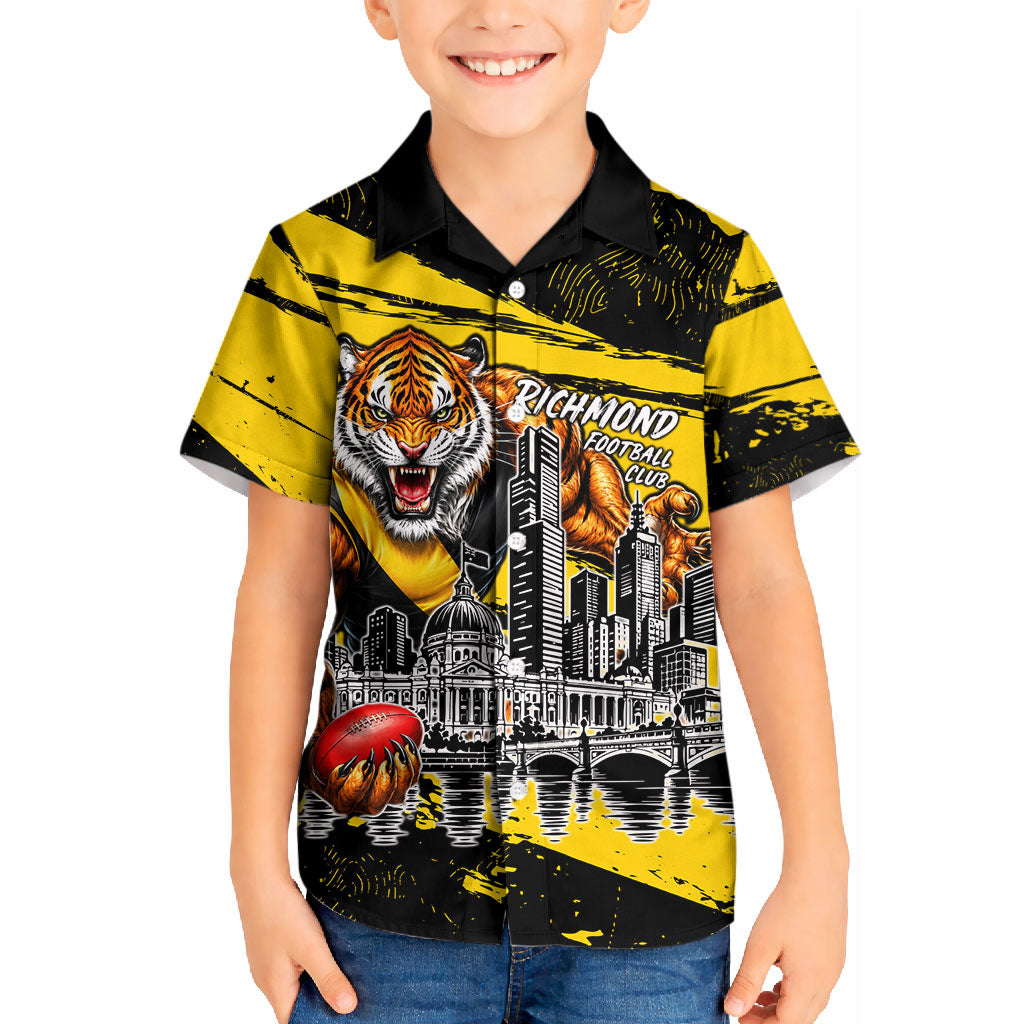 Personalised Richmond Tigers Football Kid Hawaiian Shirt Melbourne City Skyline Graphic Fierce Mascot Art