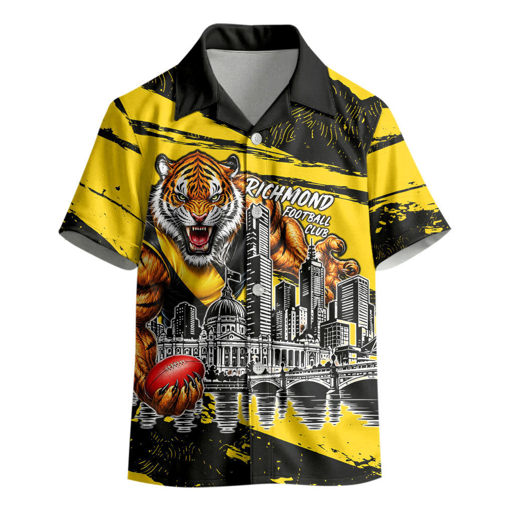 Personalised Richmond Tigers Football Kid Hawaiian Shirt Melbourne City Skyline Graphic Fierce Mascot Art