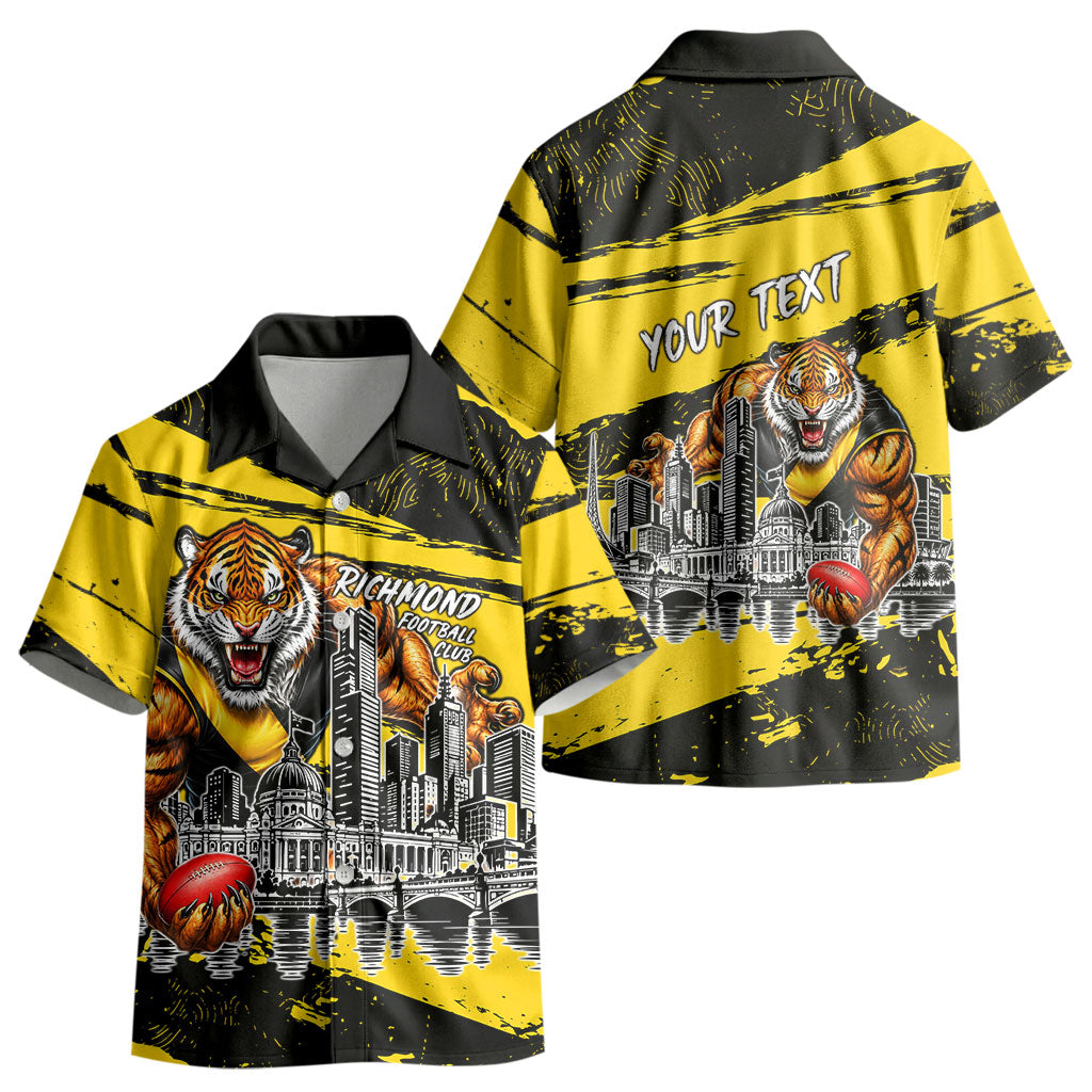 Personalised Richmond Tigers Football Kid Hawaiian Shirt Melbourne City Skyline Graphic Fierce Mascot Art