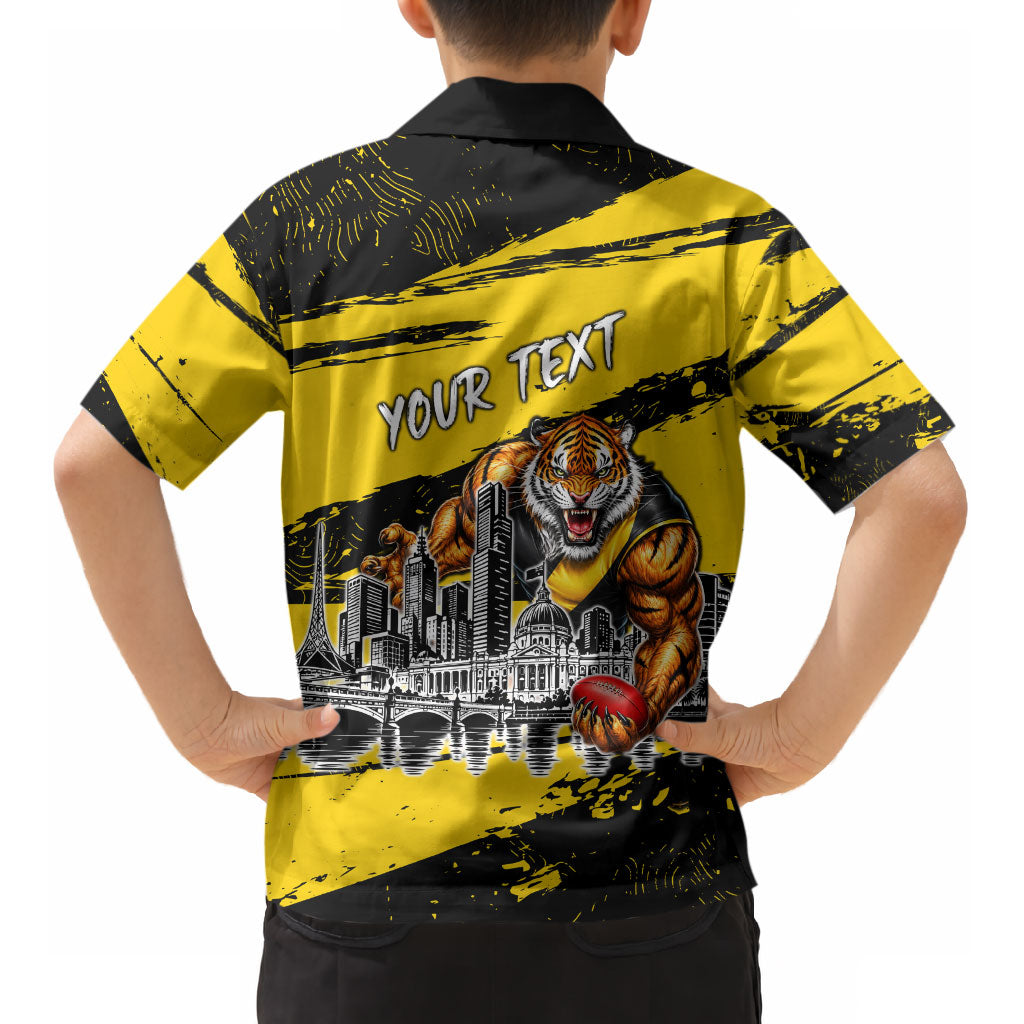 Personalised Richmond Tigers Football Kid Hawaiian Shirt Melbourne City Skyline Graphic Fierce Mascot Art