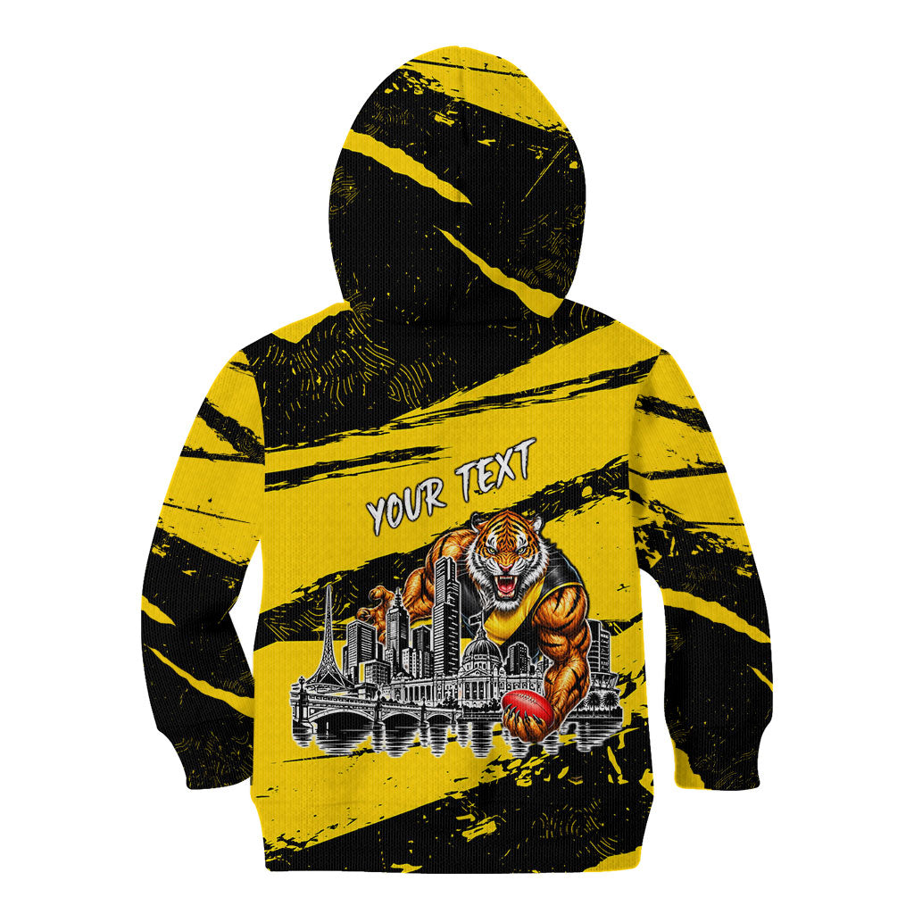 Personalised Richmond Tigers Football Kid Hoodie Melbourne City Skyline Graphic Fierce Mascot Art