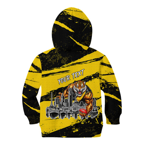 Personalised Richmond Tigers Football Kid Hoodie Melbourne City Skyline Graphic Fierce Mascot Art