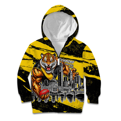 Personalised Richmond Tigers Football Kid Hoodie Melbourne City Skyline Graphic Fierce Mascot Art