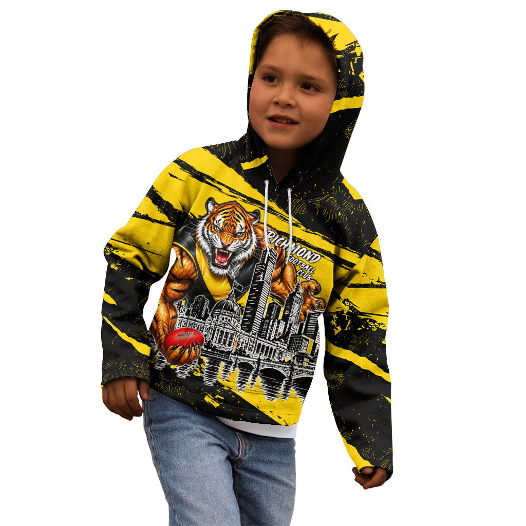 Personalised Richmond Tigers Football Kid Hoodie Melbourne City Skyline Graphic Fierce Mascot Art