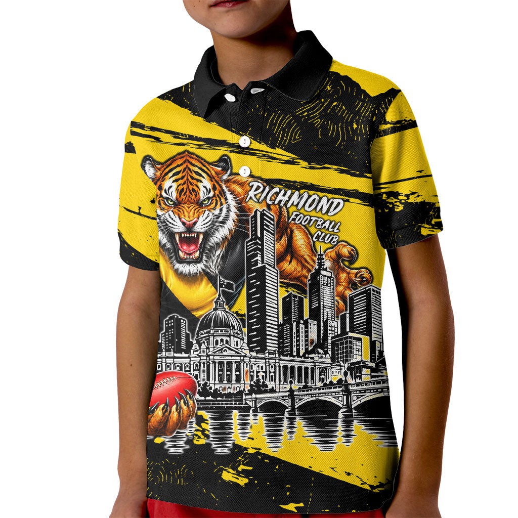 Personalised Richmond Tigers Football Kid Polo Shirt Melbourne City Skyline Graphic Fierce Mascot Art