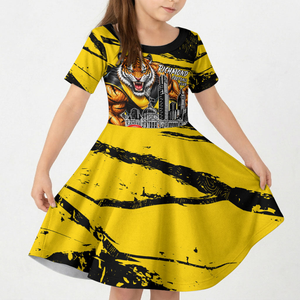 Personalised Richmond Tigers Football Kid Short Sleeve Dress Melbourne City Skyline Graphic Fierce Mascot Art