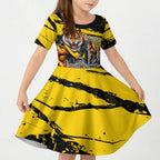 Personalised Richmond Tigers Football Kid Short Sleeve Dress Melbourne City Skyline Graphic Fierce Mascot Art