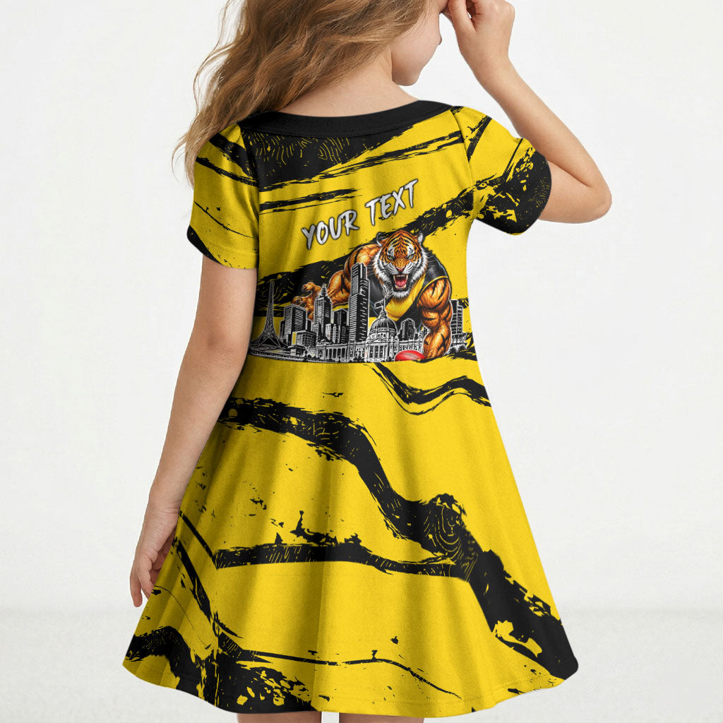 Personalised Richmond Tigers Football Kid Short Sleeve Dress Melbourne City Skyline Graphic Fierce Mascot Art
