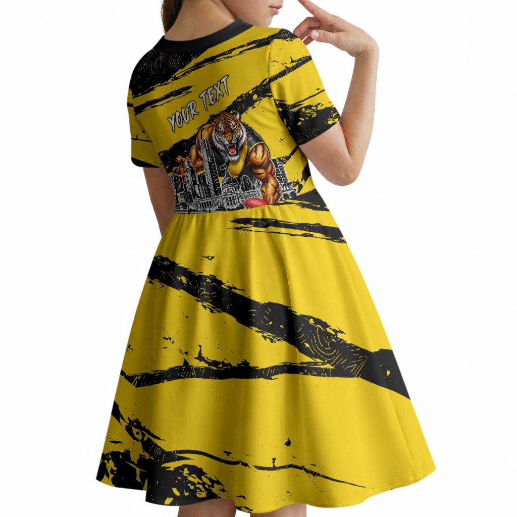 Personalised Richmond Tigers Football Kid Short Sleeve Dress Melbourne City Skyline Graphic Fierce Mascot Art