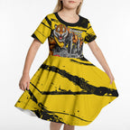 Personalised Richmond Tigers Football Kid Short Sleeve Dress Melbourne City Skyline Graphic Fierce Mascot Art