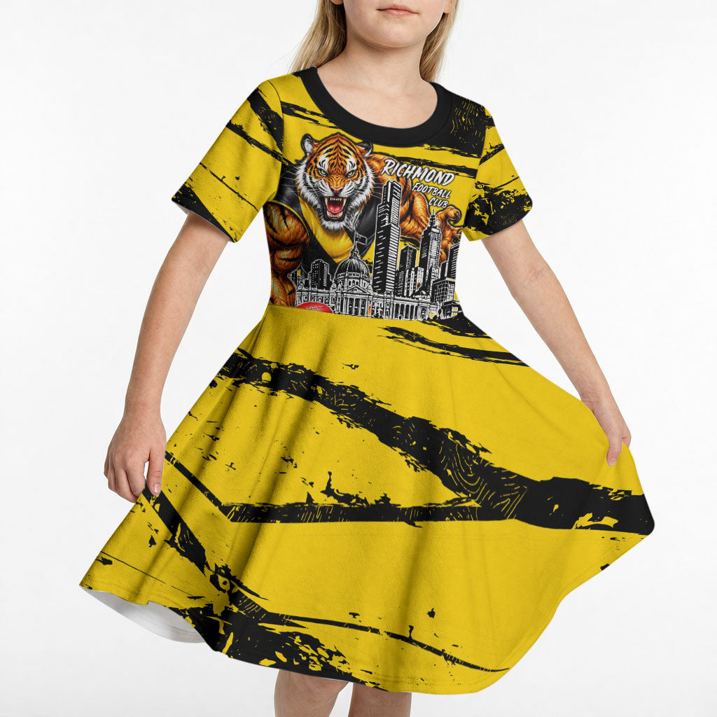 Personalised Richmond Tigers Football Kid Short Sleeve Dress Melbourne City Skyline Graphic Fierce Mascot Art