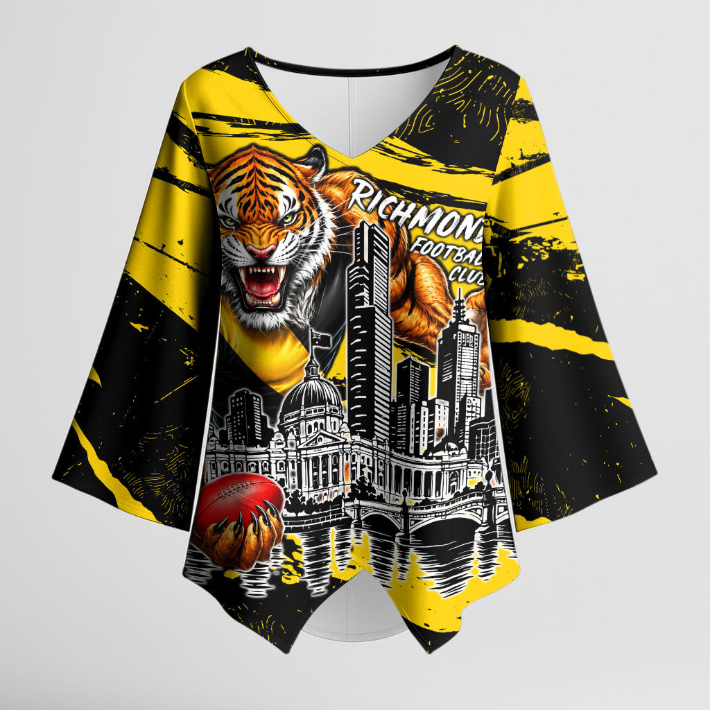 Personalised Richmond Tigers Football Kimono Sleeve Blouse Melbourne City Skyline Graphic Fierce Mascot Art