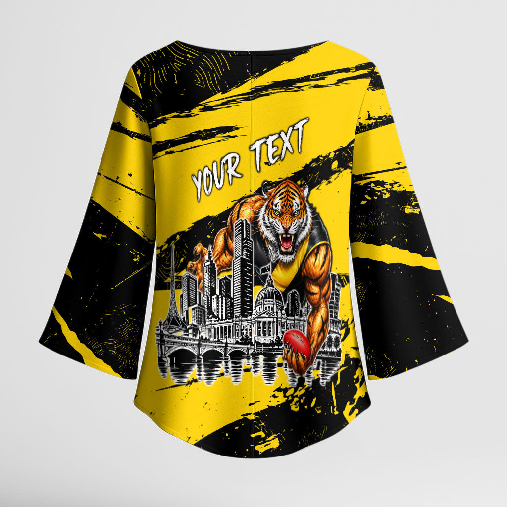 Personalised Richmond Tigers Football Kimono Sleeve Blouse Melbourne City Skyline Graphic Fierce Mascot Art