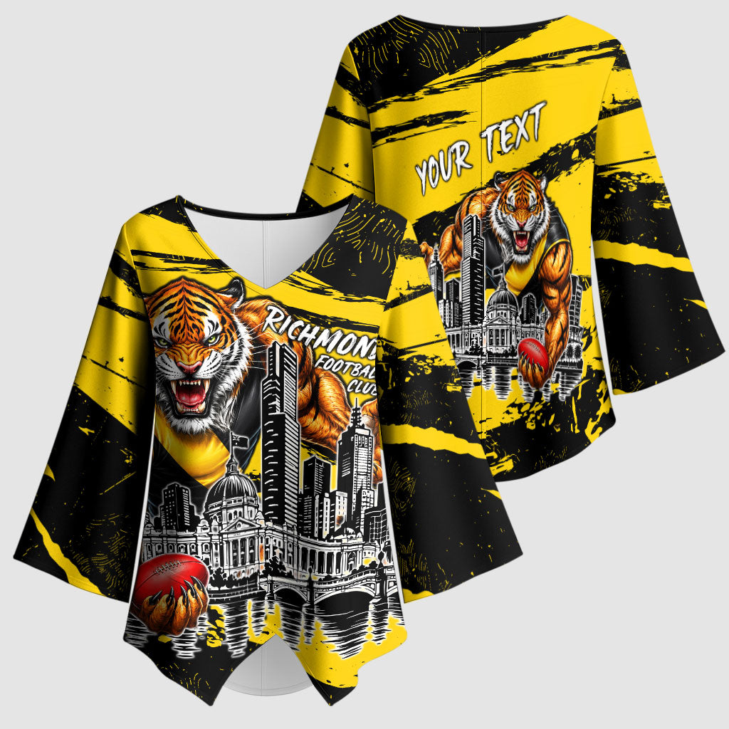 Personalised Richmond Tigers Football Kimono Sleeve Blouse Melbourne City Skyline Graphic Fierce Mascot Art