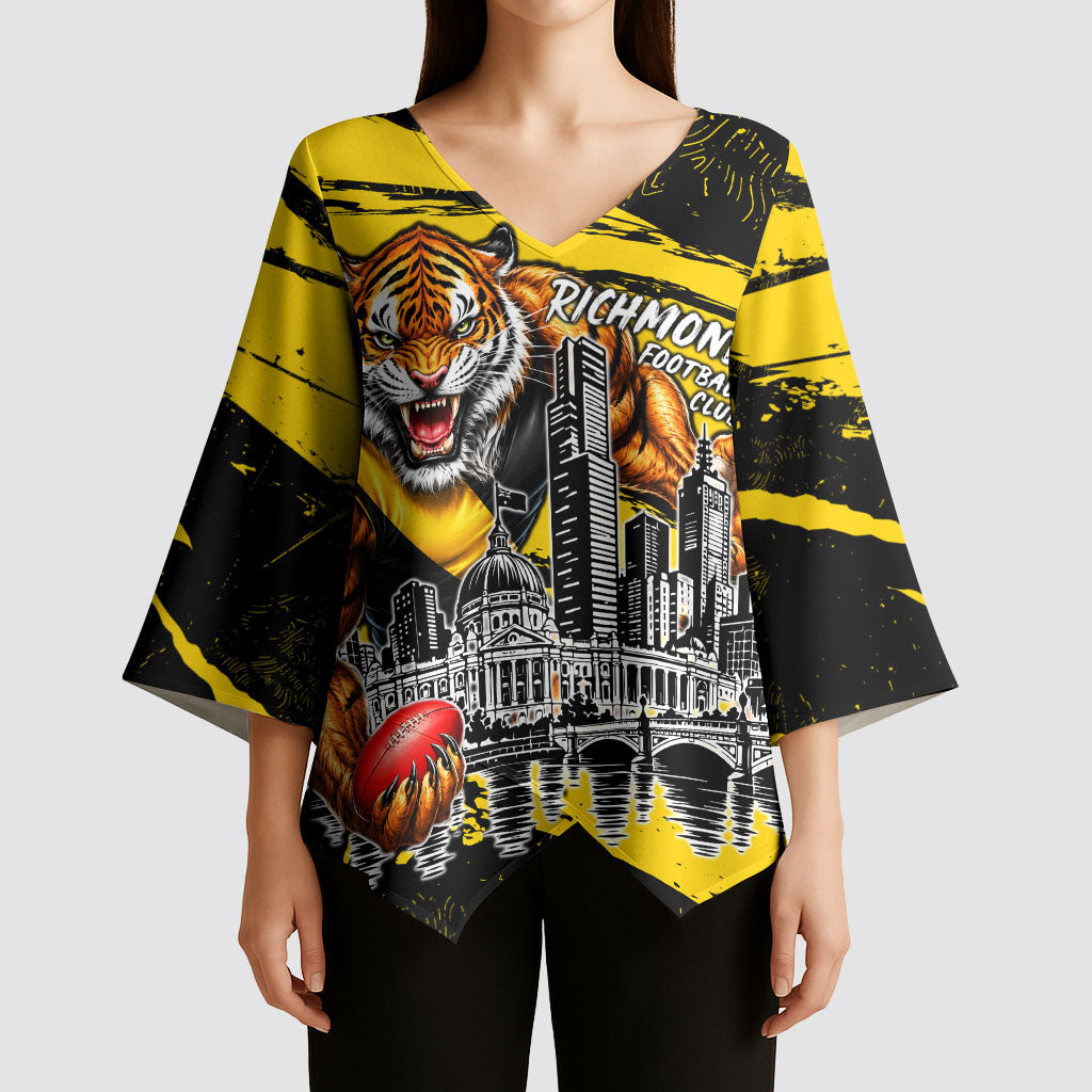 Personalised Richmond Tigers Football Kimono Sleeve Blouse Melbourne City Skyline Graphic Fierce Mascot Art