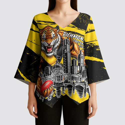 Personalised Richmond Tigers Football Kimono Sleeve Blouse Melbourne City Skyline Graphic Fierce Mascot Art