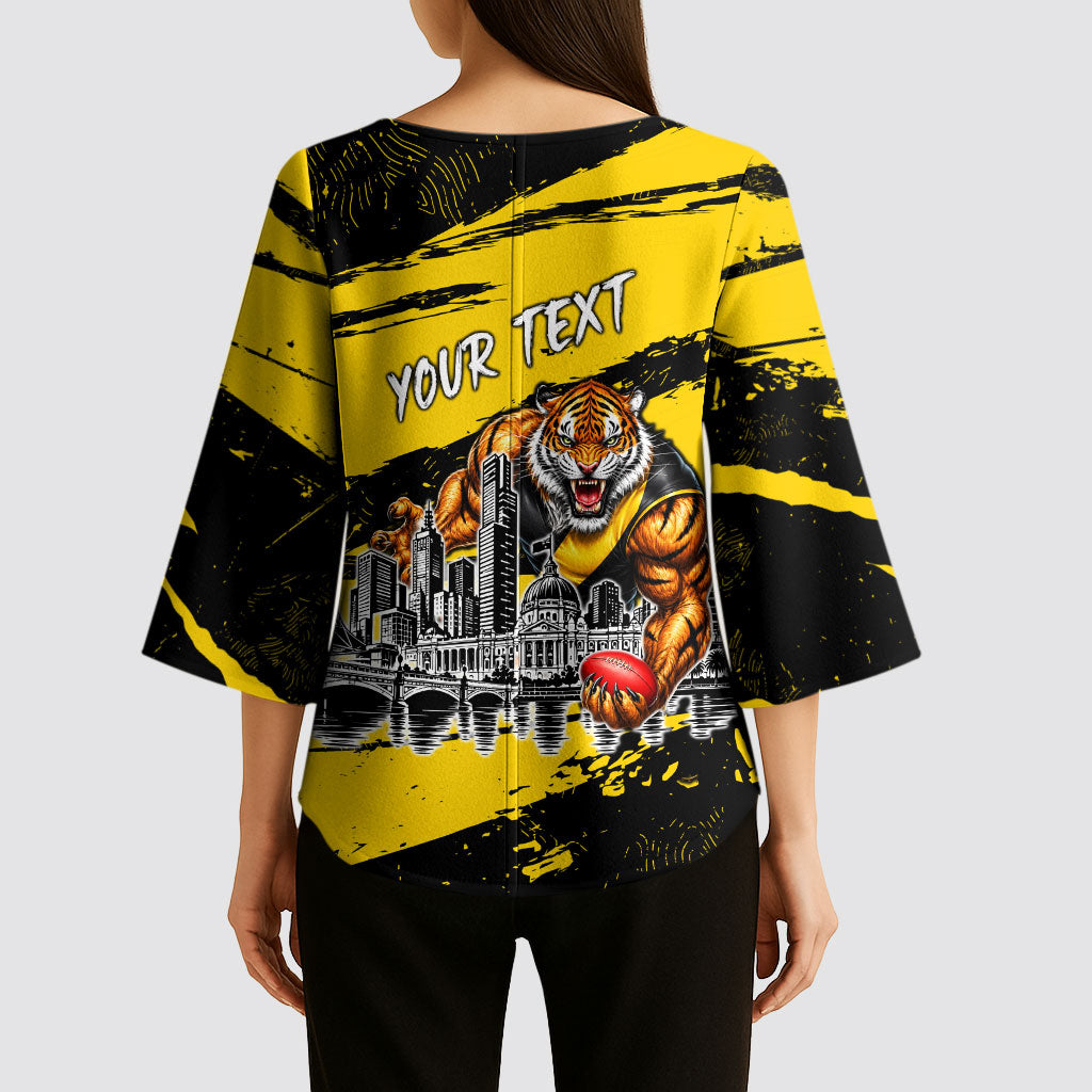Personalised Richmond Tigers Football Kimono Sleeve Blouse Melbourne City Skyline Graphic Fierce Mascot Art