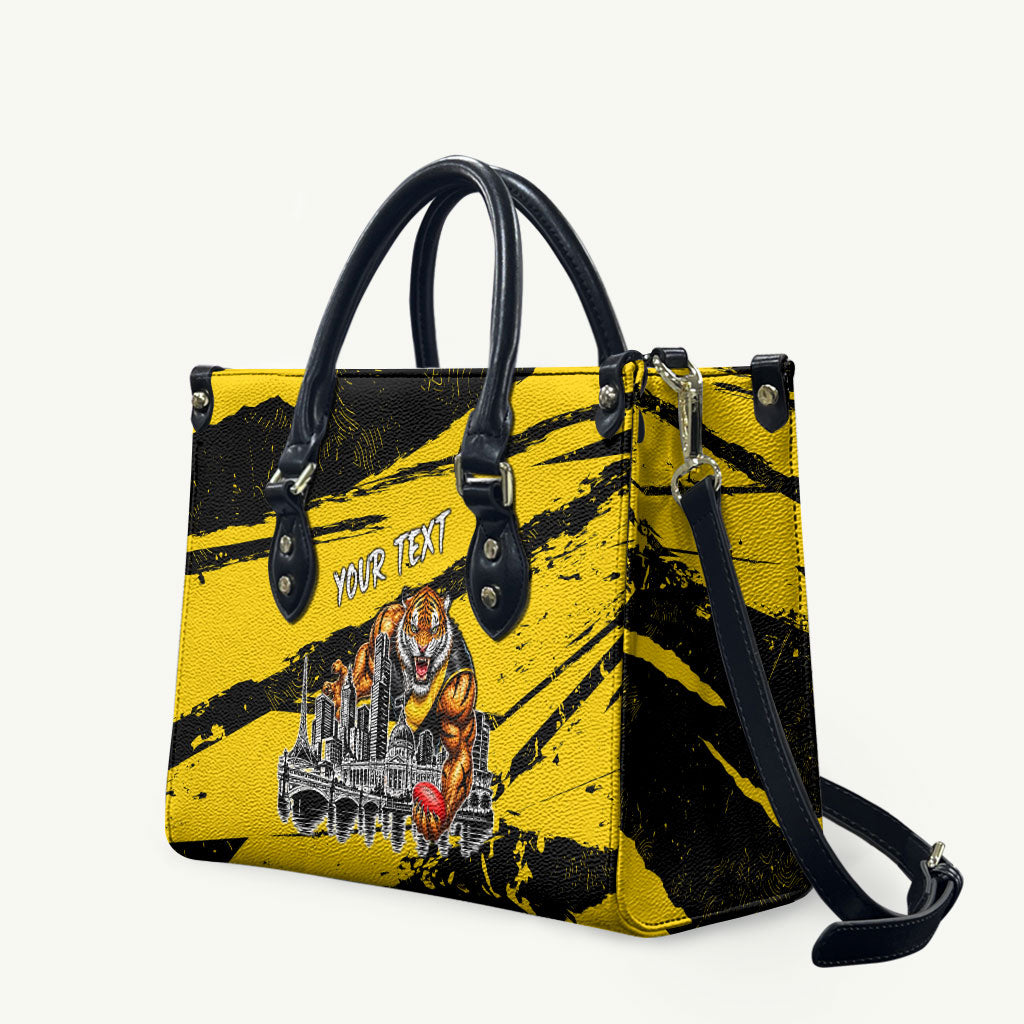 Personalised Richmond Tigers Football Leather Bag Melbourne City Skyline Graphic Fierce Mascot Art