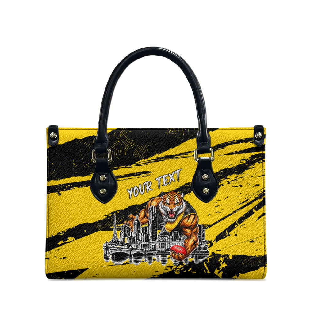 Personalised Richmond Tigers Football Leather Bag Melbourne City Skyline Graphic Fierce Mascot Art