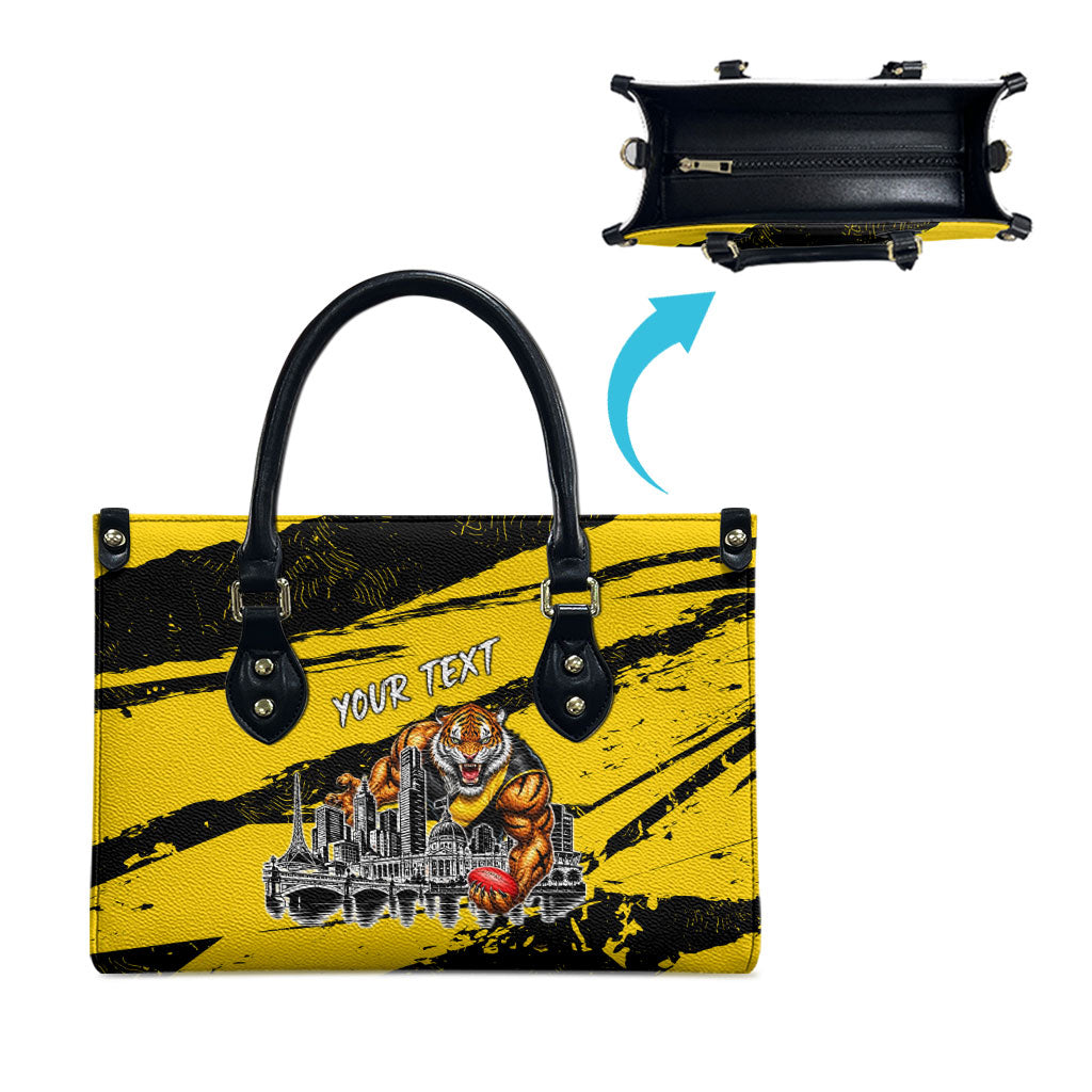 Personalised Richmond Tigers Football Leather Bag Melbourne City Skyline Graphic Fierce Mascot Art