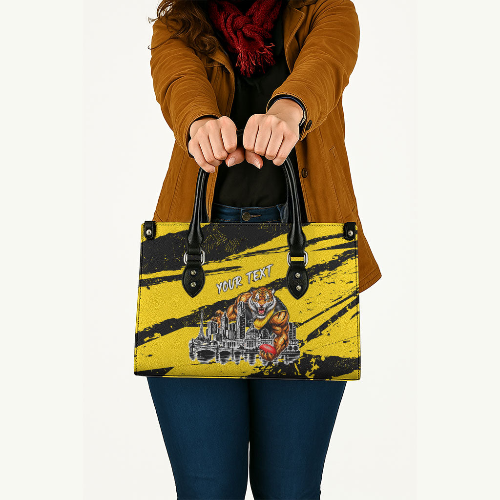 Personalised Richmond Tigers Football Leather Bag Melbourne City Skyline Graphic Fierce Mascot Art