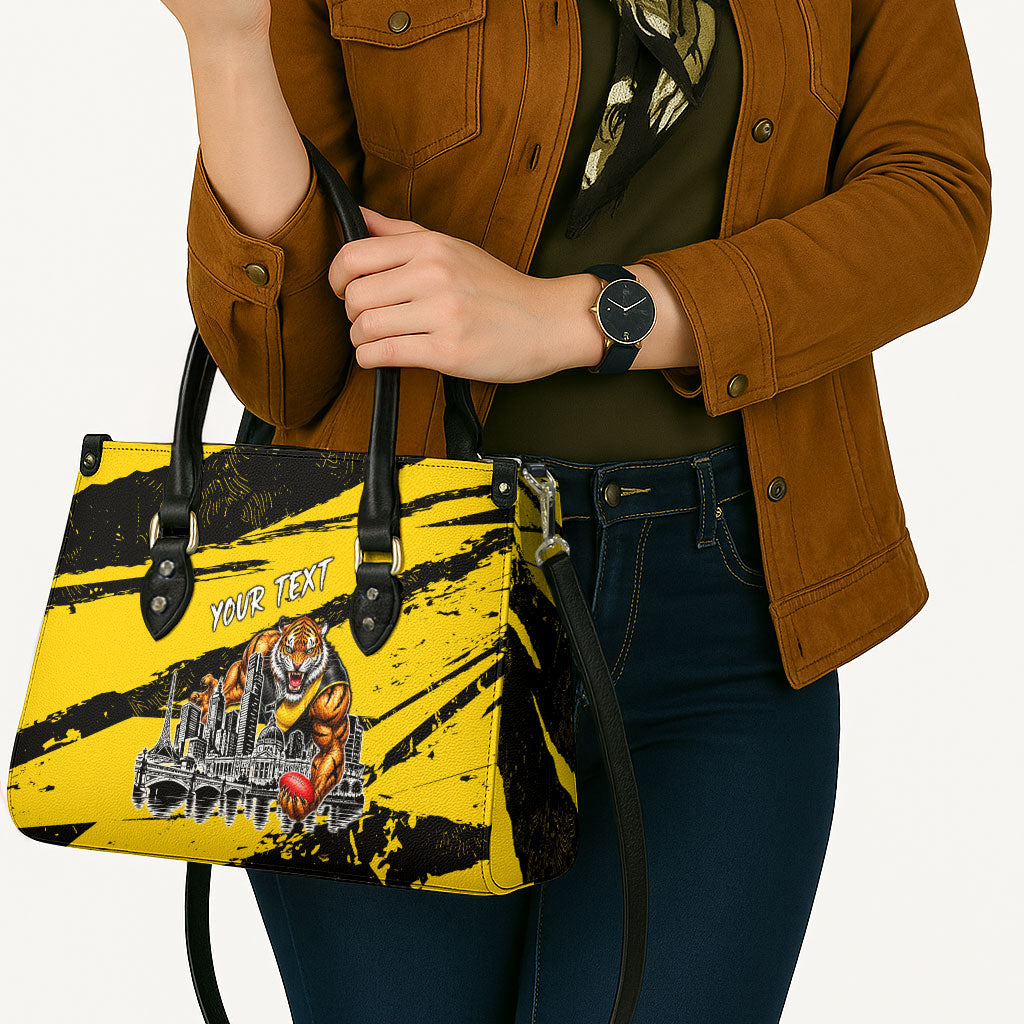 Personalised Richmond Tigers Football Leather Bag Melbourne City Skyline Graphic Fierce Mascot Art