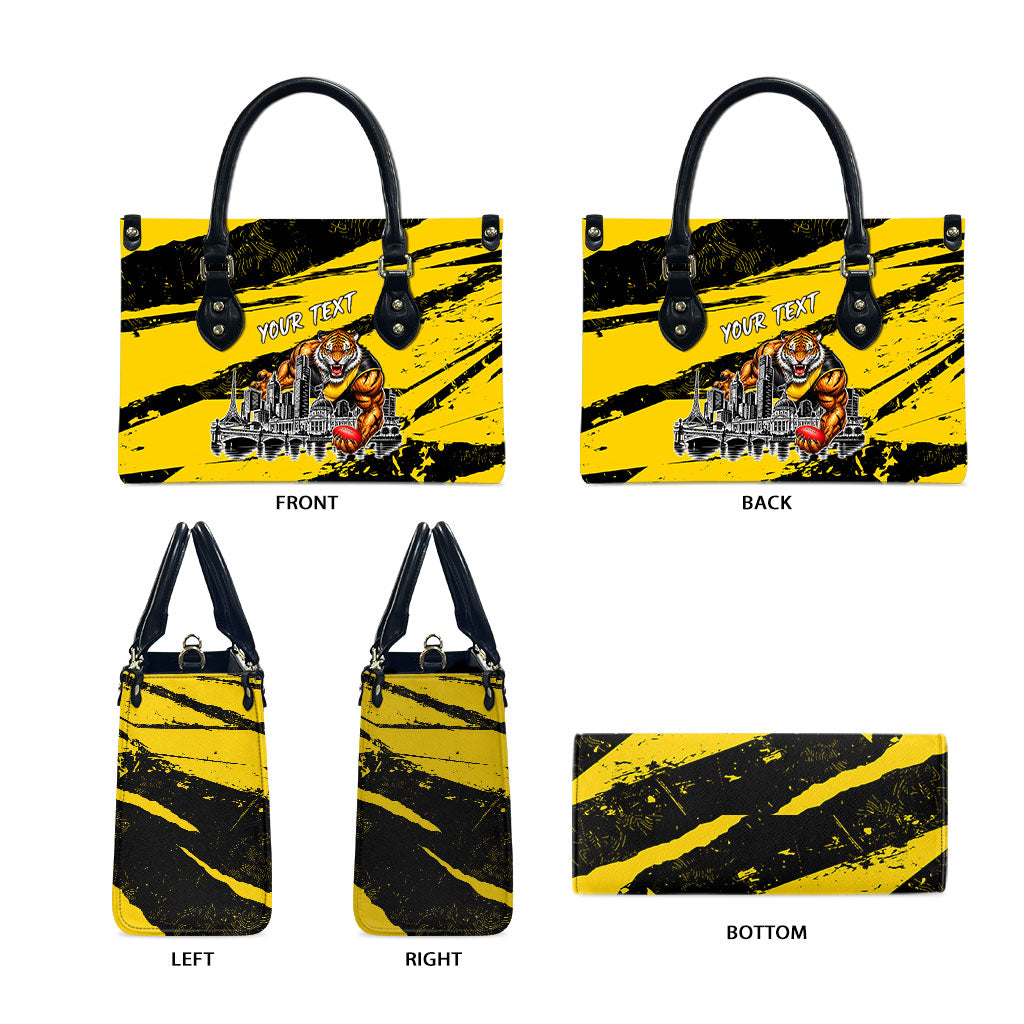 Personalised Richmond Tigers Football Leather Bag Melbourne City Skyline Graphic Fierce Mascot Art