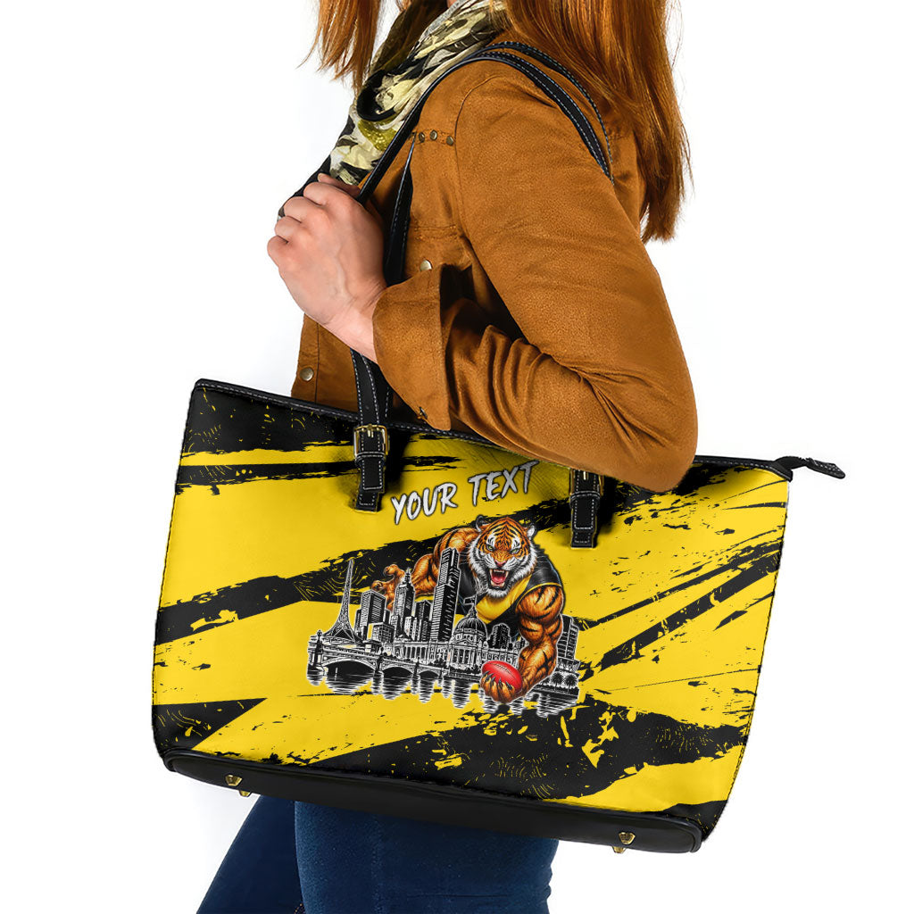 Personalised Richmond Tigers Football Leather Tote Bag Melbourne City Skyline Graphic Fierce Mascot Art