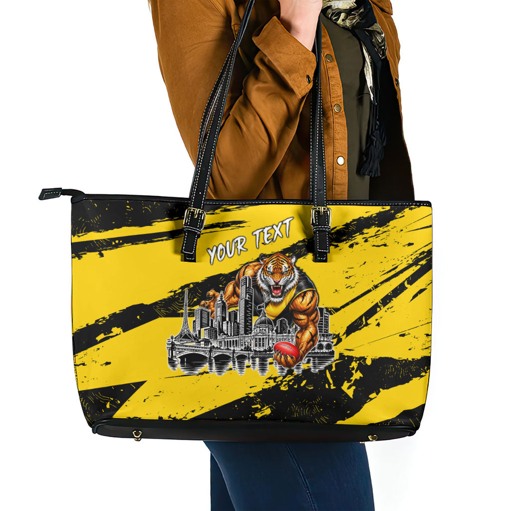 Personalised Richmond Tigers Football Leather Tote Bag Melbourne City Skyline Graphic Fierce Mascot Art