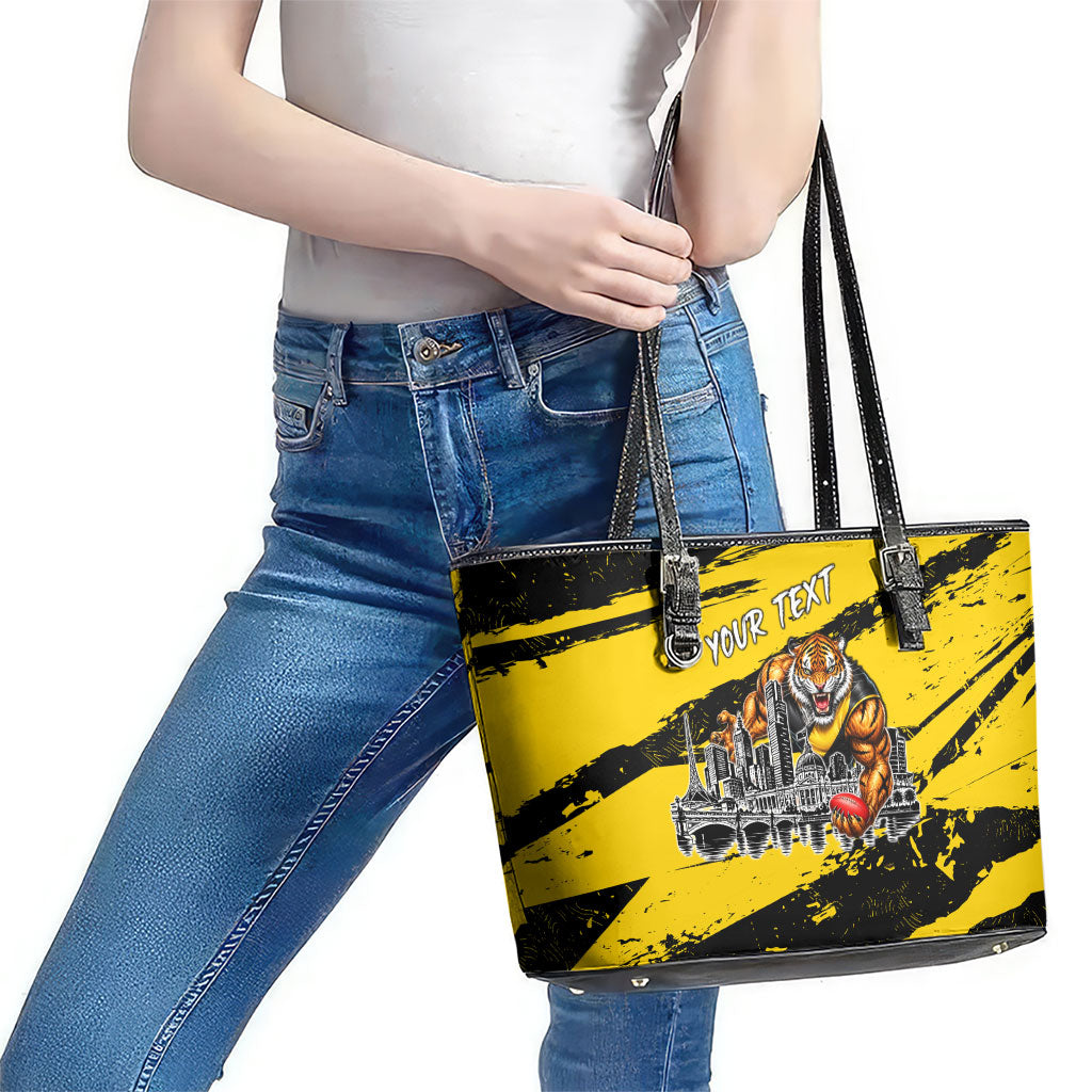 Personalised Richmond Tigers Football Leather Tote Bag Melbourne City Skyline Graphic Fierce Mascot Art