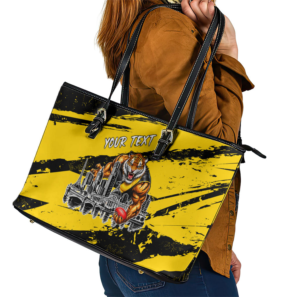 Personalised Richmond Tigers Football Leather Tote Bag Melbourne City Skyline Graphic Fierce Mascot Art