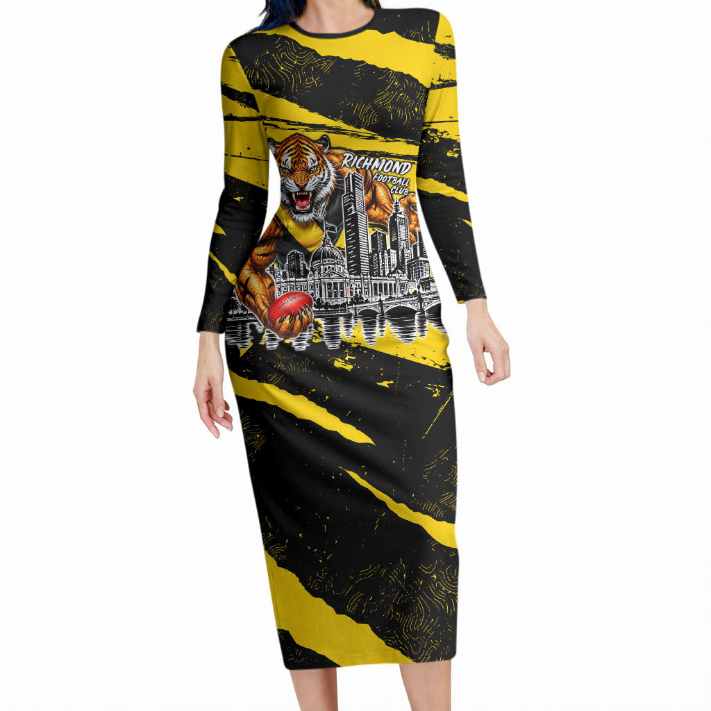 Personalised Richmond Tigers Football Long Sleeve Bodycon Dress Melbourne City Skyline Graphic Fierce Mascot Art