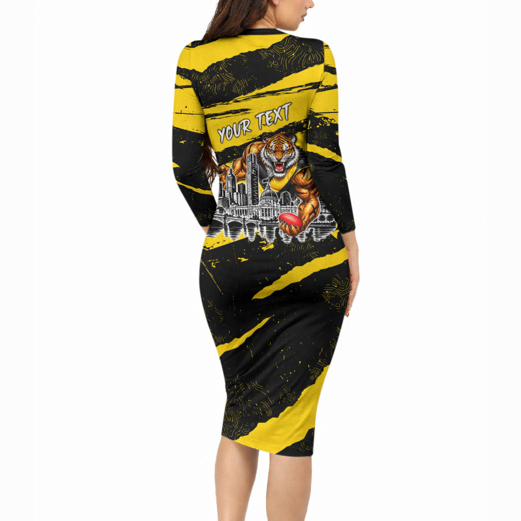 Personalised Richmond Tigers Football Long Sleeve Bodycon Dress Melbourne City Skyline Graphic Fierce Mascot Art