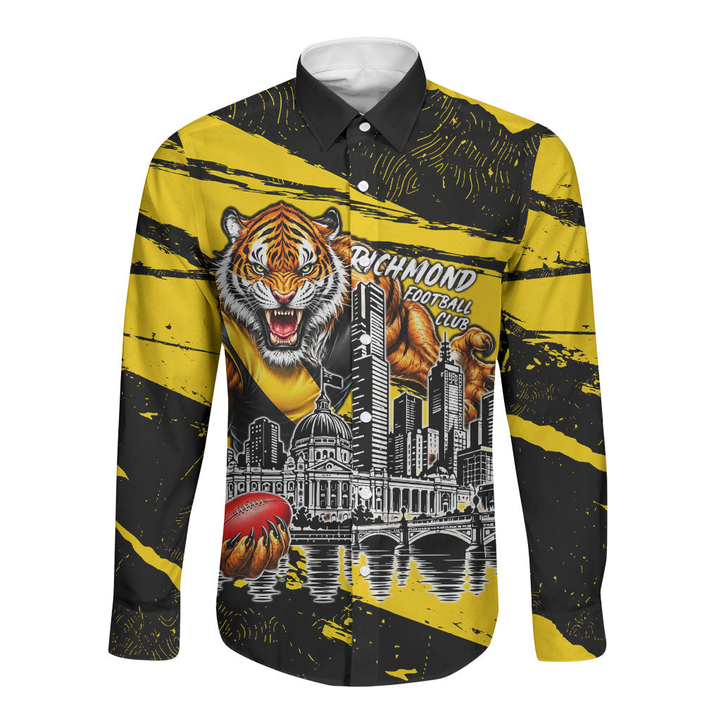 Personalised Richmond Tigers Football Long Sleeve Button Shirt Melbourne City Skyline Graphic Fierce Mascot Art